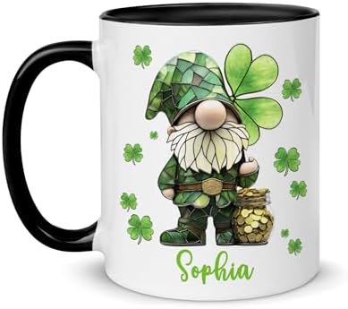 Hyturtle Personalized Gnome Mug - Cute Gnome Gift For Women - Lucky Gift For Gnome Lover - Gnome St. Patricks Day Decorations - Gnome Gifts - Custom Name Coffee Cup Ceramic Mug 11oz 15oz