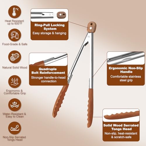 6-Pack 9" Wooden Tongs for Cooking – Locking Wooden Tongs with Non-Slip Handles & Hanging Hole, Wood Tip Serving Tongs for BBQ (9 Inch (6 Pcs))