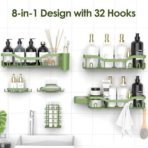 NESOMI Shower Caddy Adhesive Shower Organizer 8-Pack, Rustproof Stainless Steel Bathroom Shelves, Large Capacity No-Drill Rack Storage Accessories with Soap Dish Toothbrush Holder Hooks