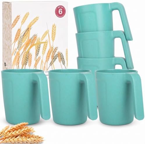Wrova 16oz Wheat Straw Cups with handles set of 6-Plastic Cups Reusable-Unbreakable Kids Mugs-Dishwasher Safe & Microwave Safe-Ideal Plastic Mugs for Tea,Coffee,Camping,RV-Green