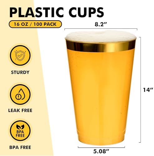 RACETOP 100 Pack 16 oz Gold Rimmed Plastic Cups
