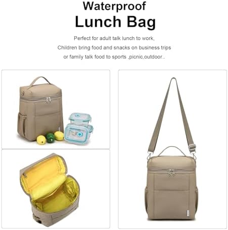 NOL Insulated Lunch Bags for Women Cooler Bag Lightweight Nylon Waterproof Lunch Box for Work Khaki Large 12L