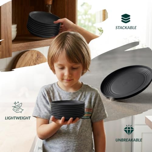 Homienly Black Small Plates | 5.7" Unbreakable Melamine Appetizer & Dessert Plates, Chic Wheat Straw Salad Plates | For Sushi, Cocktails, Bread & Side Dishes -Set of 8, Black