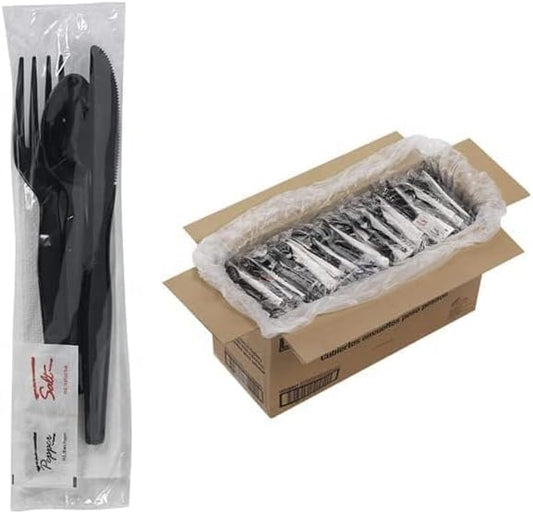 250 Plastic Cutlery Packets - Knife Fork Spoon Napkin Salt Pepper Sets | Black Plastic Silverware Sets Individually Wrapped Cutlery Kits, Bulk Utensil Cutlery Set Disposable To Go Silverware