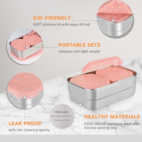 Tanjiae Small Stainless Steel Lunch Containers for Kids | Leak Proof Snack Containers with Silicone Lids - Perfect Metal Lunch Box with Lids for School and Daycare (25oz+8oz*2)