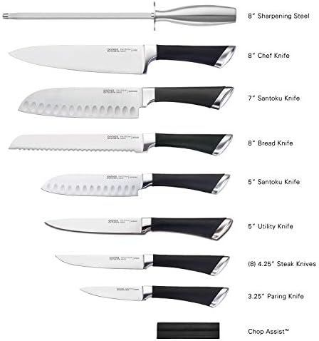 Chicago Cutlery Fusion 17 Piece Kitchen Knife Set with Wooden Storage Block, Cushion-Grip Handles with Stainless Steel Blades that Resists Stains, Rust, and Pitting