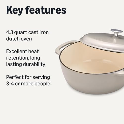 Amazon Basics Cast Iron Dutch Oven Pot with Lid, Enameled, Dual Handles, Round, Heavy-Duty, Small, 4.3-Quart, Linen Gray