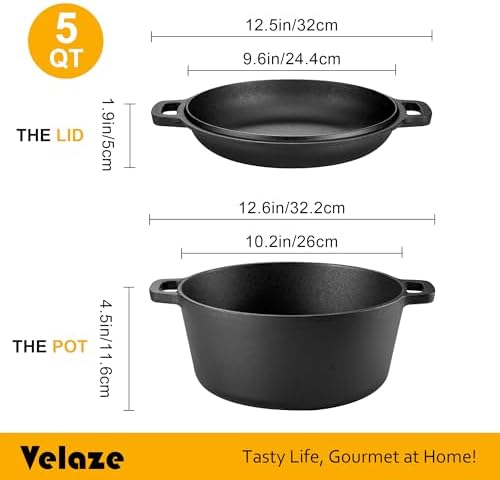 Velaze Cast Iron Dutch Oven with Skillet Lid, 2-in-1 Pre-Seasoned, 5QT