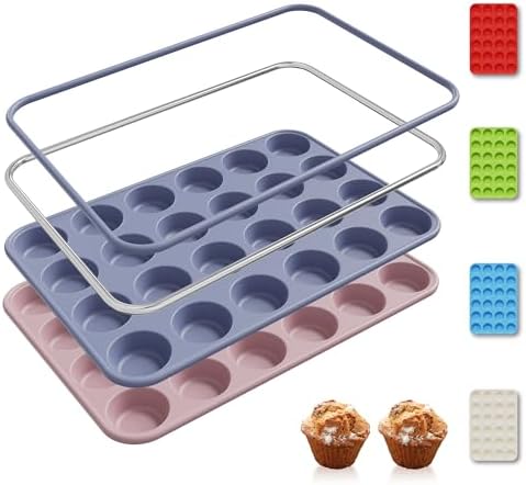 2 Pack 24 Cups Silicone Mini Muffin Pan with Metal Reinforced Frame Silicone Molds Cupcake Pans Tray Egg Bites Circle Cookie Molds Muffin Tin Tart Pans Baking Sheet Set for Breakfast Sandwiches