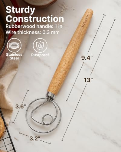 Zulay Kitchen 13-Inch Danish Dough Whisk - Stainless Steel Wooden Whisk with Dough Hook - Sourdough Whisk for Bread, Pizza, Pastry, Cake Batter & More - Wood