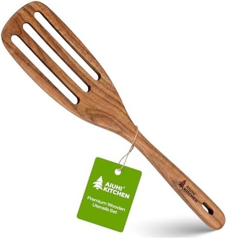 AIUHI Premium Wooden Slotted Spatula, Durable Teak Wood Cooking Spatula, Comfort Grip Wooden Kitchen Utensil, Perfect Cooking Gift for Home Cooks, Chefs, Women and Family