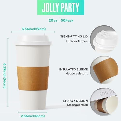 JOLLY PARTY 50 Pack 20 oz Disposable Paper Coffee Cups with Lids & Sleeves
