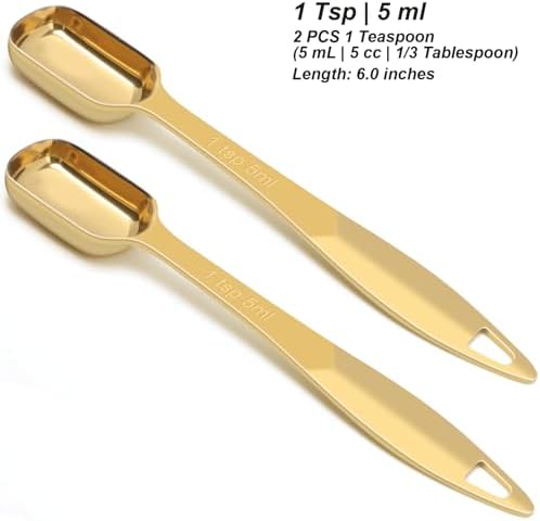 2 Pcs 1 Teaspoon(5 mL | 1 Tsp | 1/3 Tbsp | 5 cc | 1/6 oz) Stainless Steel Single Measuring Spoon, Long Handle Metal Measuring Spoon, Kitchen Gadgets for Cooking & Baking(Gold)