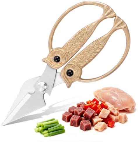 XSNBRD All Purpose Kitchen Scissors, Pearl Gold Stainless Owl Shears Large