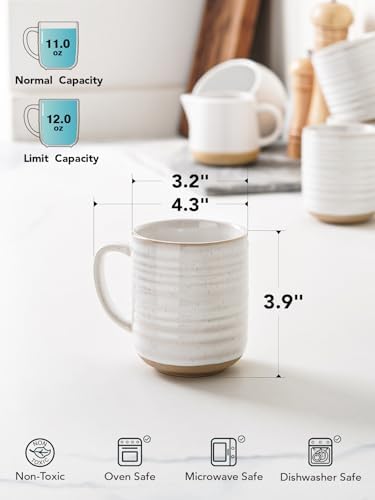 LE TAUCI Ceramic Coffee Mugs Set of 4, 12 oz, Rustic Style, Arctic White