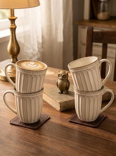 HASENSE Textured Coffee Mugs Set of 4, 16 Oz Ribbed Ceramic Cups with Large Handle for Latte Tea Cappuccino, Stackable Embossed Mugs for Everyday Use, Microwave & Dishwasher Safe, Creamy Beige