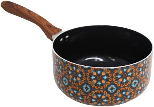 IMUSA 2 Qt Talavera Aluminum Black Ceramic Saucepan with Woodlook Handle