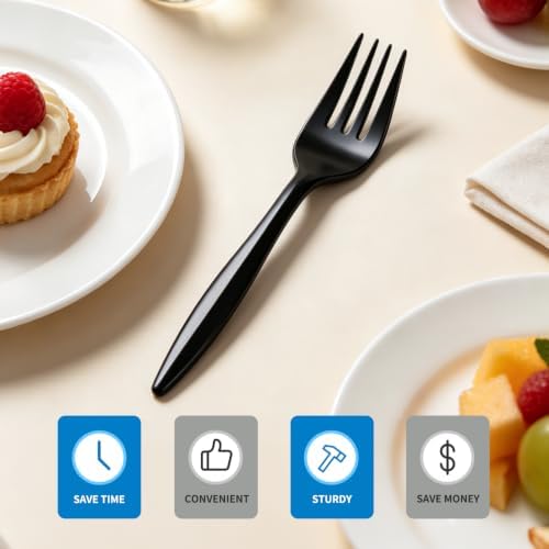 CXPSINC 300 Pack Plastic Forks Disposable, Individually Wrapped Heavy Duty Cutlery Bulk, Sturdy Polypropylene Forks for Restaurants, Takeout, Cafeterias, Parties (300 Pack-Black-Fork)