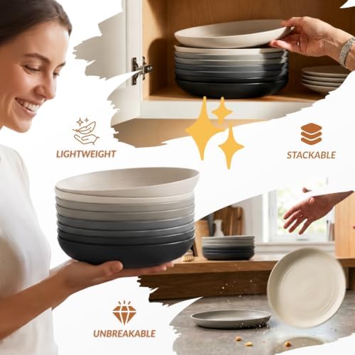 Homienly Wheat Straw Plates Set of 8, Reusable Lightweight and Unbreakable 9 inch Plates, Premium Microwave and Dishwasher Safe Plates for Kitchen, Camping, Picnic, Party - GreyStone