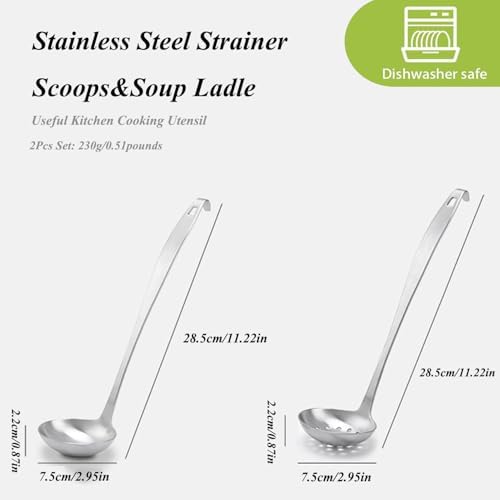 Stainless Steel Soup Ladle,Serving Ladle Scoop And Slotted Spoon Set Of 2 with Hook and Hole for Easy Hanging,Cooking Utensils Set for Kitchen