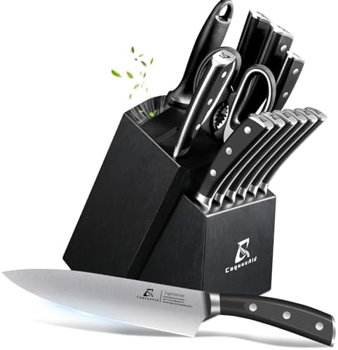 CoquusAid 15-Piece Kitchen Knife Set with Rubber Wood Block, New Upgrade