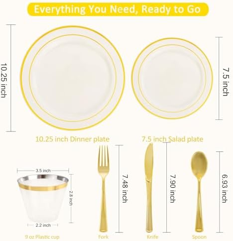WELLIFE 210PCS Ivory Plastic Plates for 30 Guests - Gold Plastic Plates, Platos Para Fiestas Elegantes Desechables, Disposable Plate for Party and Wedding
