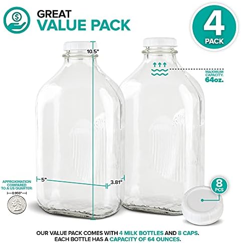 Stock Your Home Half Gallon Glass Milk Bottle with Lid (4 Pack) 64 Oz Jugs and 8 White Caps, Reusable Food Grade Milk Container for Refrigerator, Bottles for Juice, Oat or Plant Milks, Water, Honey
