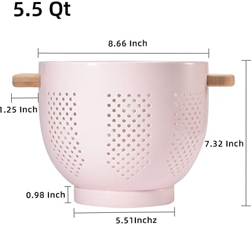 Metal Colander with Wood Handle and Stable Base, Powder Coated Steel Kitchen Strainer Basket for Draining Pasta, Vegetable and fruit(5.5quart,Pink)