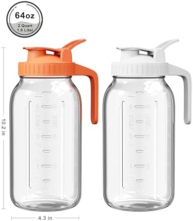 Mason Jar Pitcher Set of 2, 64oz (2quart) Glass Pitcher with Lid for Tea