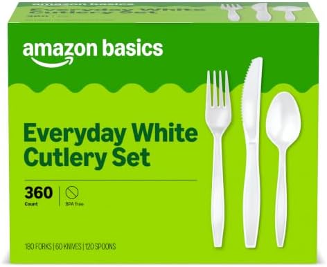 Amazon Basics Disposable Everyday White Assorted Cutlery Set, 360 Count, Large Combo Pack, Forks, Spoons, and Knives