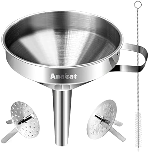 Anaeat Stainless Steel Kitchen Funnel, Multi-Use Premium Metal Food Grade Cooking Funnels with 2 Removable Strainer Filter for Transferring Liquid or Dry ingredients, Oils & 1 Pc Cleaning Brush (4.1")