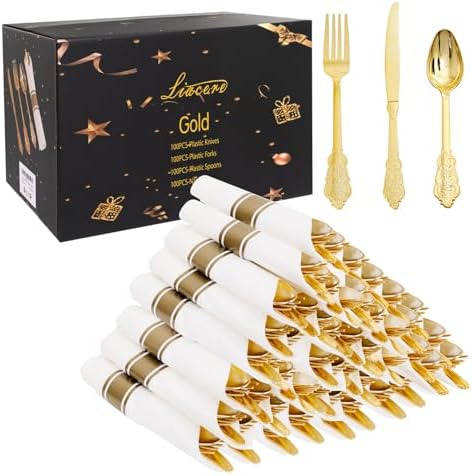 Liacere 400PCS Gold Plastic Silverware-Pre Rolled Napkins Disposable Gold Plastic Cutlery-Premium Quality Utensils-Includes 100Forks,100Knives,100Spoons,100 Napkins & Thanksgiving & Fall Party