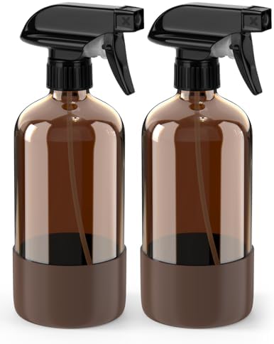 Bontip Glass Spray Bottle with Silicone Sleeve Protection, Amber Glass Spray Bottle Set for Window Cleaner Aromatherapy Facial Hydration Watering Flowers Hair Care 2 Pack/16 oz (Brown, 16 oz)