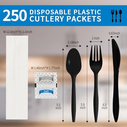 250Pack Plastic Cutlery Packets, Knife Fork Spoon Napkin Salt Pepper Sets, Individually Wrapped Black Plastic Cutlery Packets for Delivery, Cafeterias, Restaurants