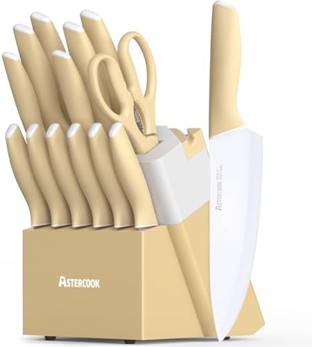 Astercook Kitchen Knife Set with Block and Sharpener 15 Piece Knives Set German High Carbon Stainless Steel Sharp Blade Dishwasher Safe with Ergonomic Handle Yellow