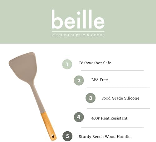 Beille 1pc Beech Wood and Silicone Spatula Kitchen Utensils Cooking Baking Supplies Home Essentials, Light Grey