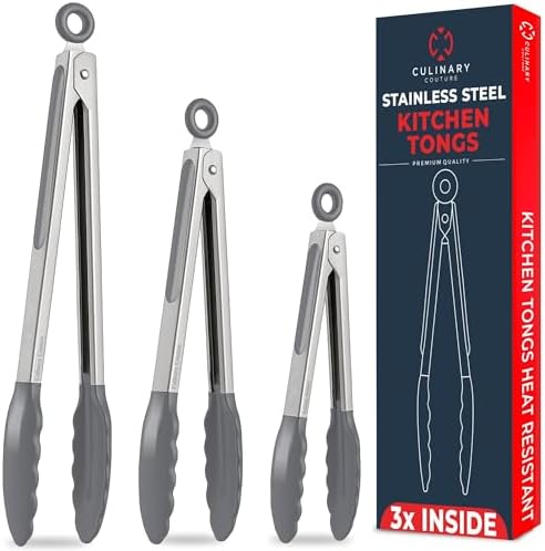 Kitchen Tongs - 12, 9 & 7 Inch Locking Silicone Tongs for Cooking, Set of 3