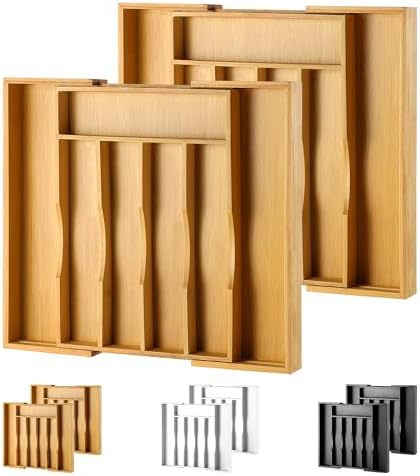 2-Piece Bamboo Silverware Organizer, Expandable Kitchen Drawer Organizer for Cutlery and Utensils, Multifunction Adjustable Bamboo Wood Cutlery Tray in Drawer for Flatware, (Natural)