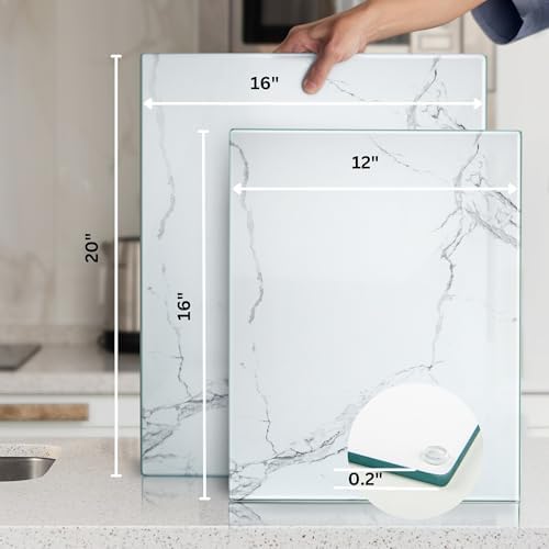 Kitchenville Glass Cutting Board 20”x16”: Tempered Glass Kitchen Counter Protector - Durable- Scratch-Resistant, Heat-Proof - Design 2 - White Marble Effect