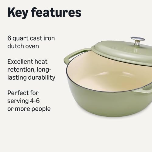 Amazon Basics Cast Iron Dutch Oven Pot with Lid, Enameled, Dual Handles, Round, Heavy-Duty, Medium, 6-Quart, Olive