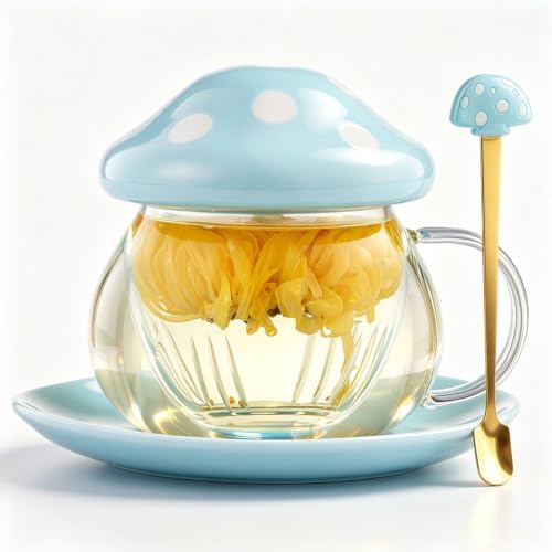 Mushroom Tea Cup Set, Cute Glass Tea Cups and Saucers, Kawaii Teacup with Infuser for Loose Leaf Tea Steeper, Coffee Mugs Birthday Gifts for Women, Tea Infuser Mug with Lid for Mother Girls (Blue)