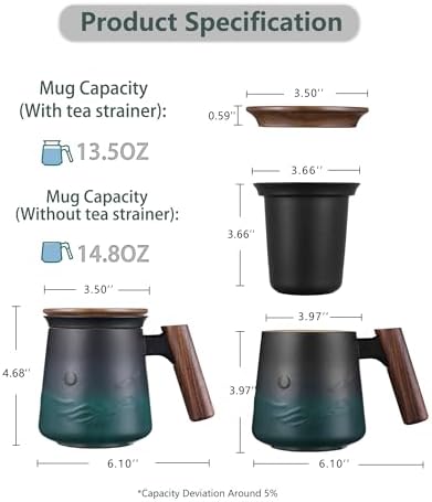 ZENS Tea Infuser Mug with Lid for Loose Tea Steeper, 14.5oz Wooden Handle