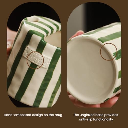 Coffee Mug Espresso Cup 10oz Ceramic Coffee Mugs Porcelain Coffee Cup Hand-Painted Striped Art Multiple Use for Kitchen, Dining-Green