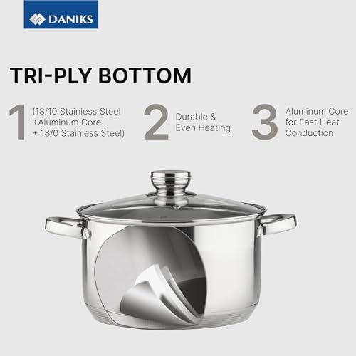 Daniks Standard 6-Piece Stainless Steel Cookware set with Glass Lid, Try-Ply Bases for Even Heating, Induction Compatible, Dishwasher Safe, Built-In Measuring Scale, Silver