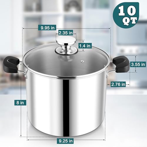 P&P CHEF 10 Qt Pot with Lid, Transparent Glass, Tri-ply Stainless Steel