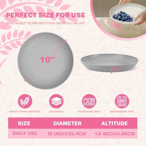 Homienly Premium Wheat Straw Dinner Plates, Reusable 8 PCS Unbreakable Plates 10 inch Plate Set, Alternative Plastic Plate Microwave and Dishwasher Safe Plates Set for Home - GreyStone