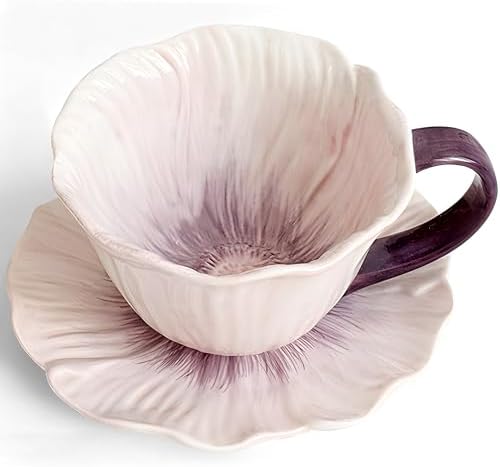 10 oz Tea Cups and Saucers, Ceramic Flower-shaped Cappuccino Cup, Latte Cup and Saucer set, elegant floral Espresso Cup set, Suitable for microwave and dishwasher-Purple