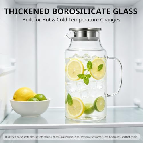Bivvclaz Short 67.6 oz Glass Pitcher with Lid and Handle, Glass Carafe for Hot/Cold Water, Iced Tea Pitcher for Coffee, Juice and Homemade Beverage