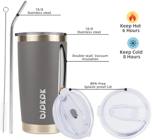BJPKPK 20 oz Coffee Tumbler with Lid, Straw, Insulated Stainless Steel Mug