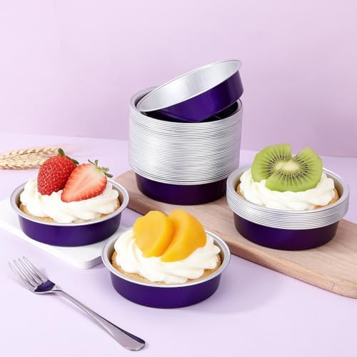Beasea Aluminum Foil Pie Tart Tin, 100 Pack 7.3oz 215ml Disposable Baking Cups Foil Ramekins Only, 4" Mini Ramekin No Lids Cupcake Baking Pie Cups for Party - Violet Purple
